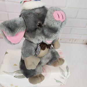 Vintage Belgium Gray Dressed Elephant Plush Trunk Up Pink RARE Stuffed Animal